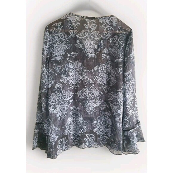 Sundace Silk Blouse  Blue Black Velvet Trim Bell Sleeve Semi-Sheer Women's 14 - Picture 6 of 8